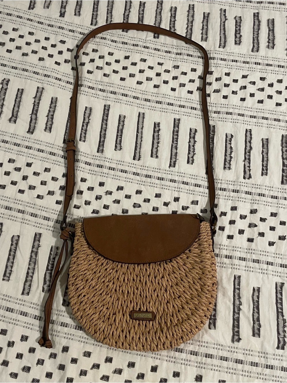 Sun N Sand Woven Straw Crossbody Bag Faux Suede Flap Half Moon Purse